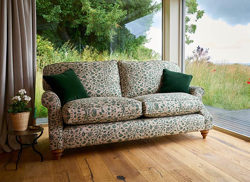 1 St Mawes 3 Seater Sofa in RHS Collection Gertrude Jekyll Trailing Vine Green with scatters in Linwood Omega Velvet Hunter Green